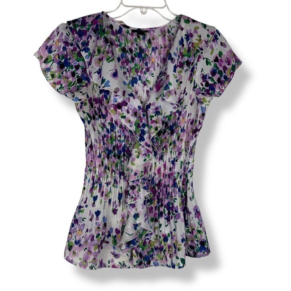 Womens Ruffle Top Size Medium Pleated Floral Coquette Purple Watercolor Colorful - Picture 9 of 11